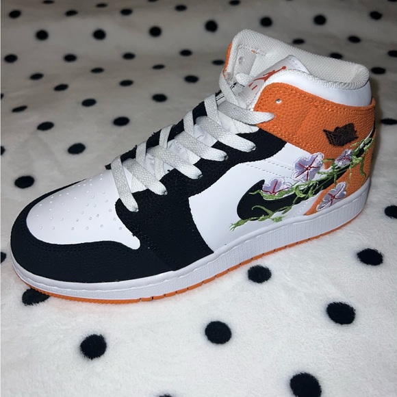 Orange, Black, and White Jordan 1 with Floral Embroidery. - Picture 6 of 7